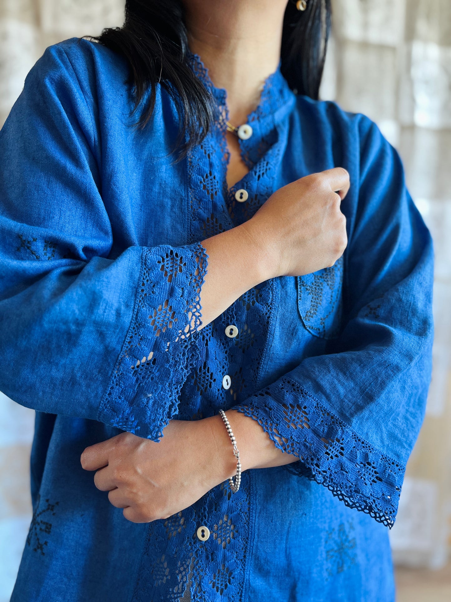 Indigo dyed loose fit linen shirt