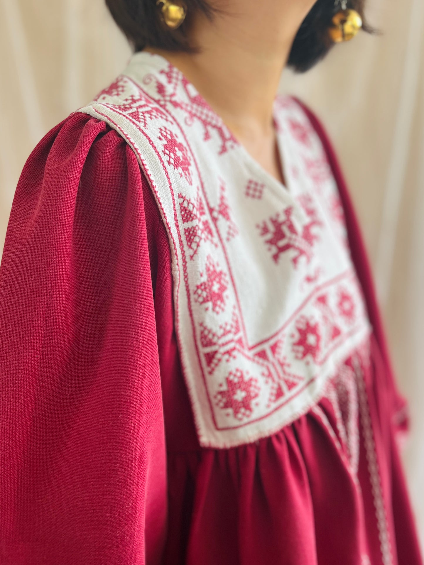 Antique handwoven and embroidered table cloth turns Goddess Dress