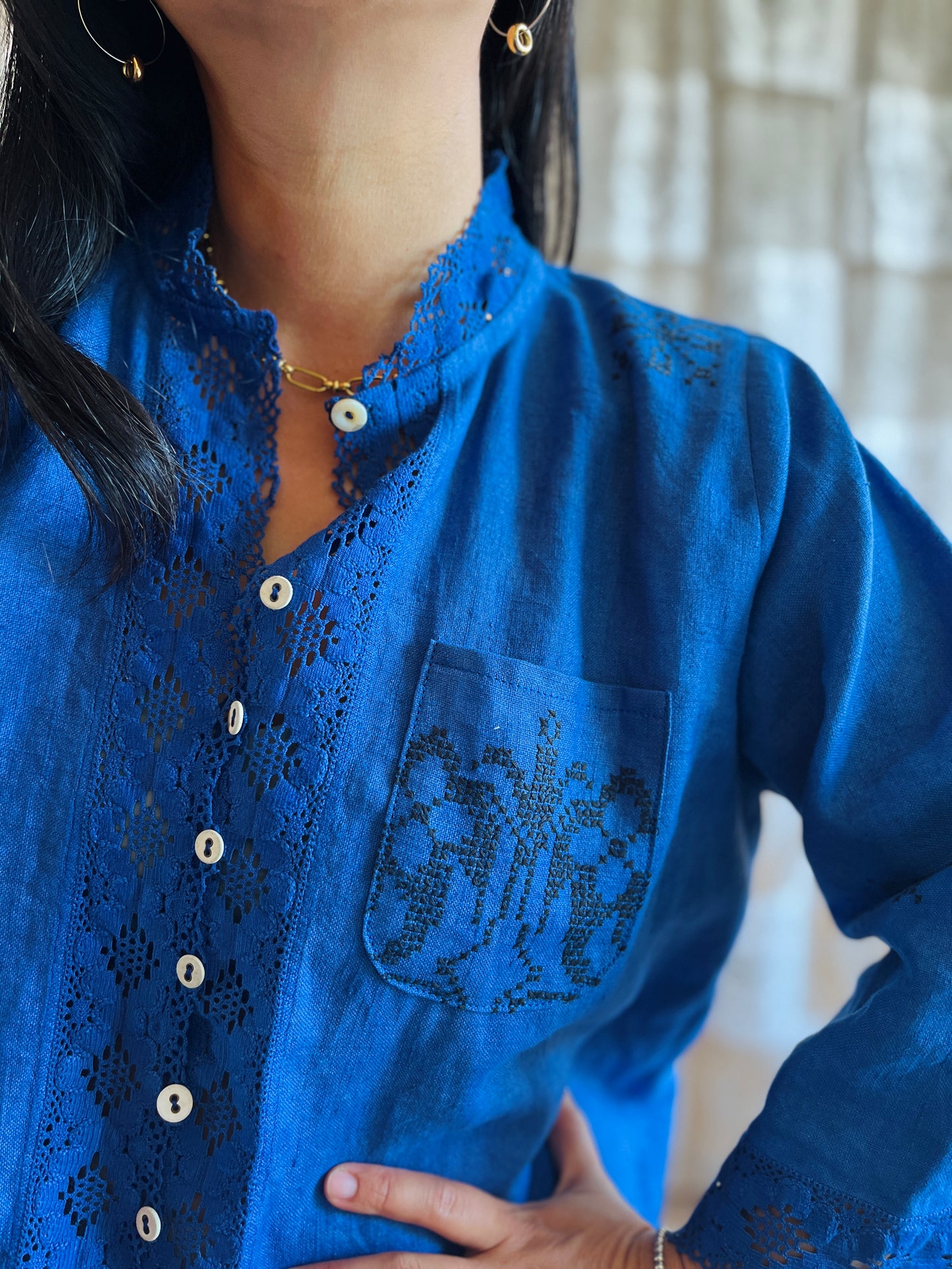 Indigo dyed loose fit linen shirt
