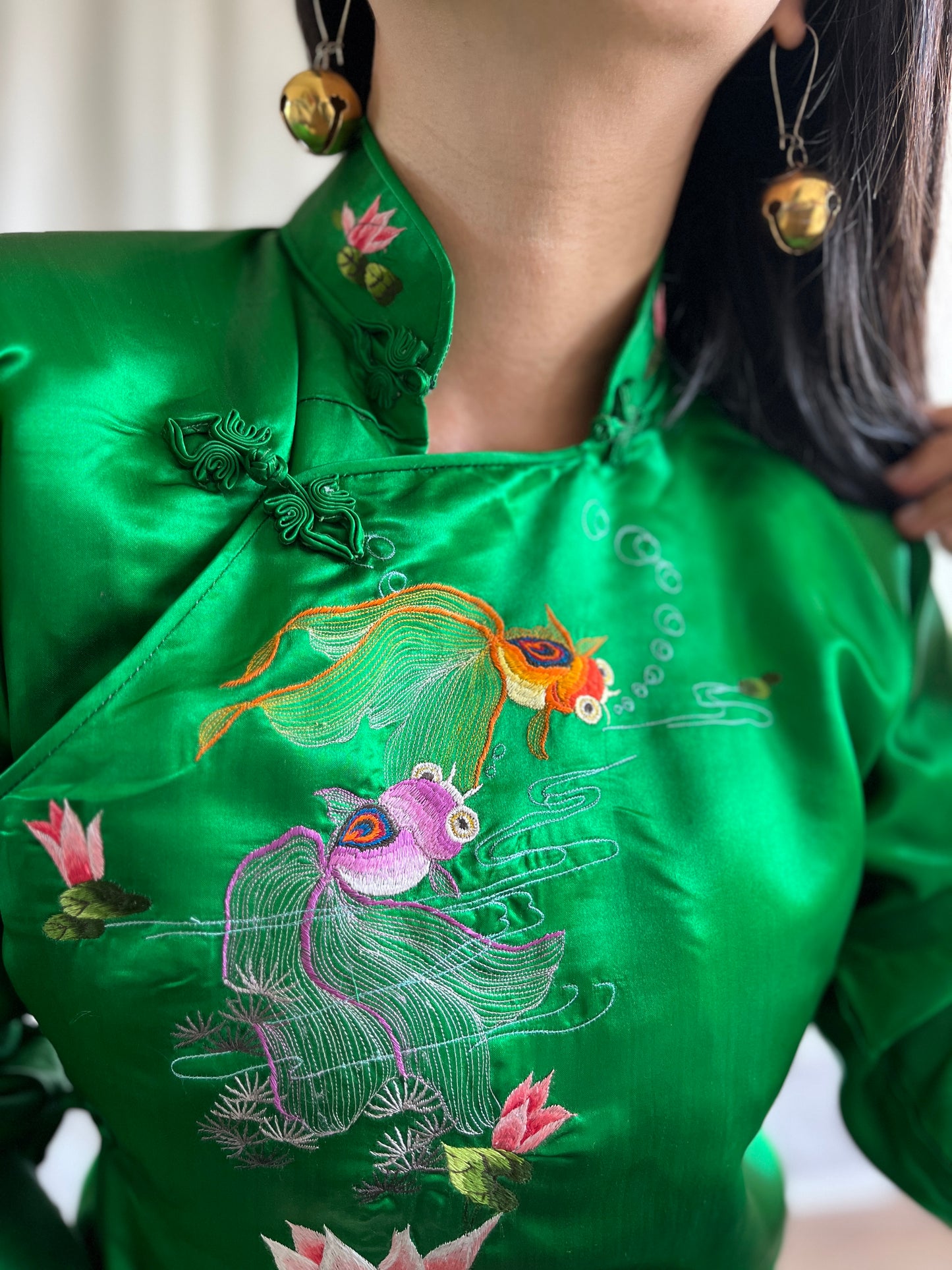 Vintage 60s Handwork Chinese Satin Cheongsam Qipao with Gold fish hand embroidery