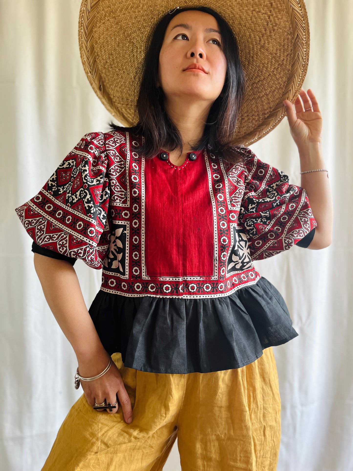 Silky Block Print Air Balloon Sleeve Tunic
