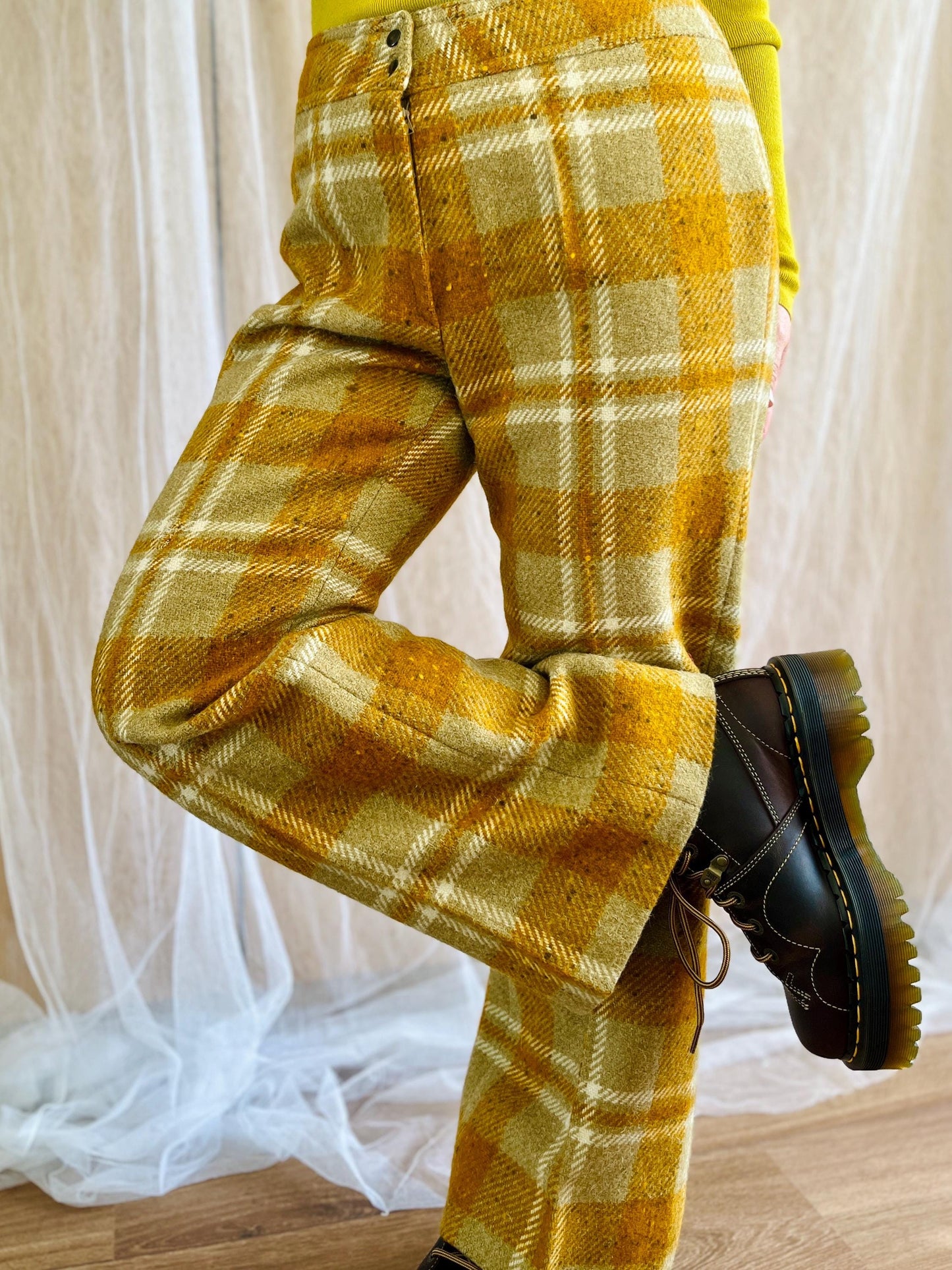 Vintage 70s Wide Legs High Waist Plaid Checker Wool Tailored Trousers