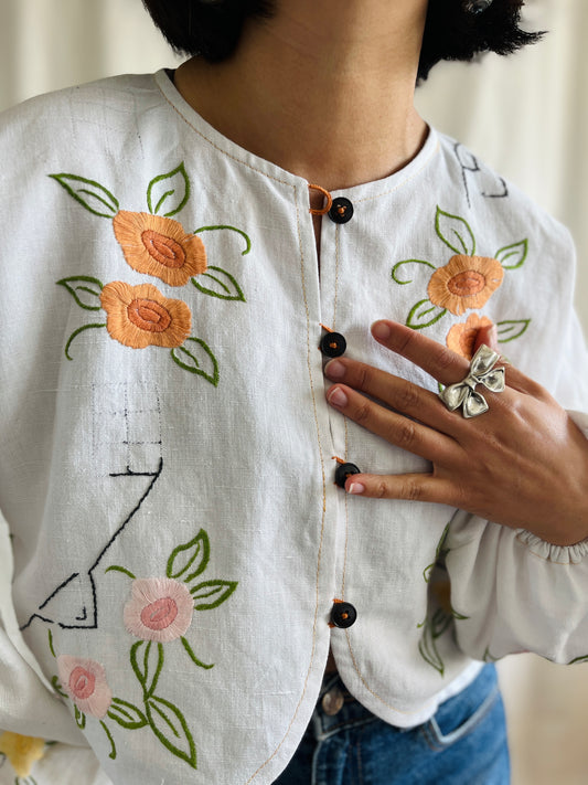 🏵️ Faded Embroidery Floral Button Blouse