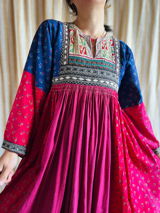 Afghan folk dress Smocking hand embroidery maxi dress