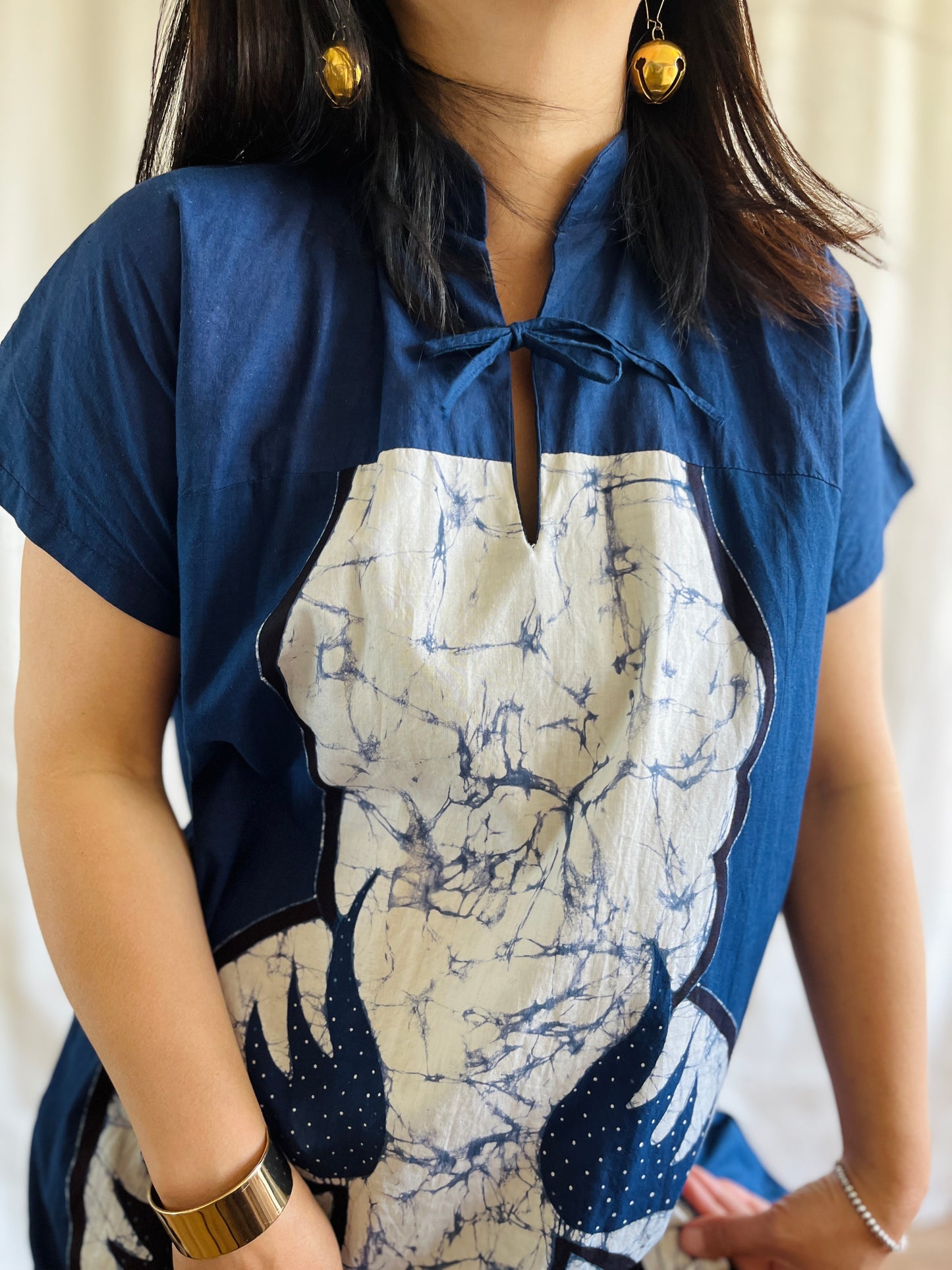 Vintage handmade Tie Dye Party Dress Maxi high neck with ribbons