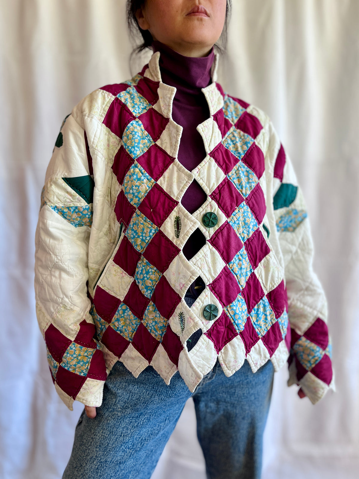 Hand quilted vintage blanket turns Short Coat