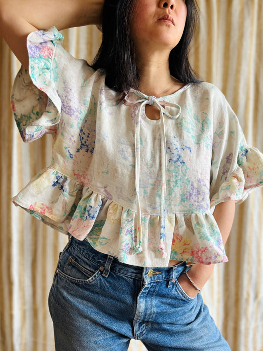 Water colour Linen Dolly Cropped Top