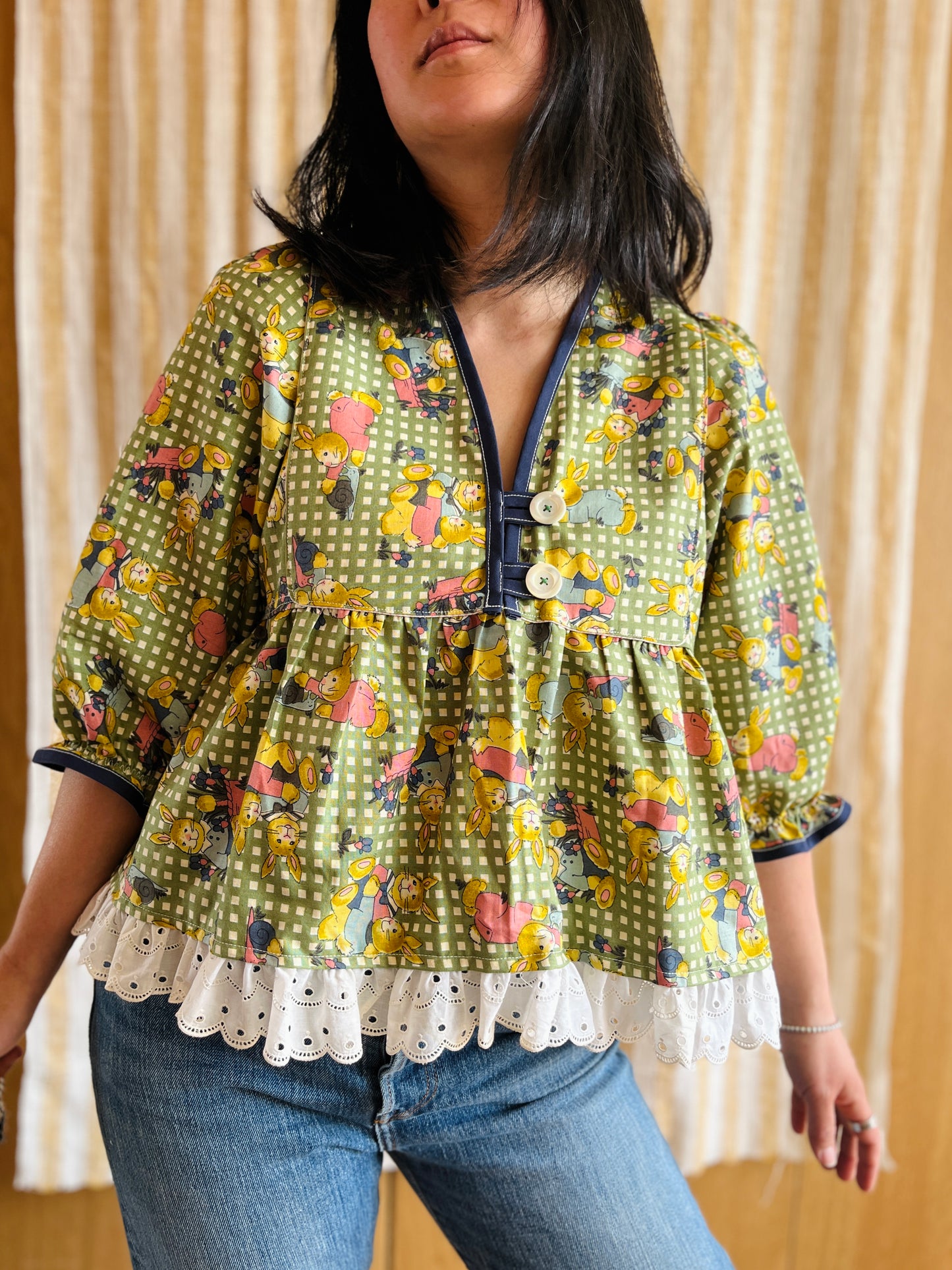 Rabbit and Snail vintage textile Goddess Blouse