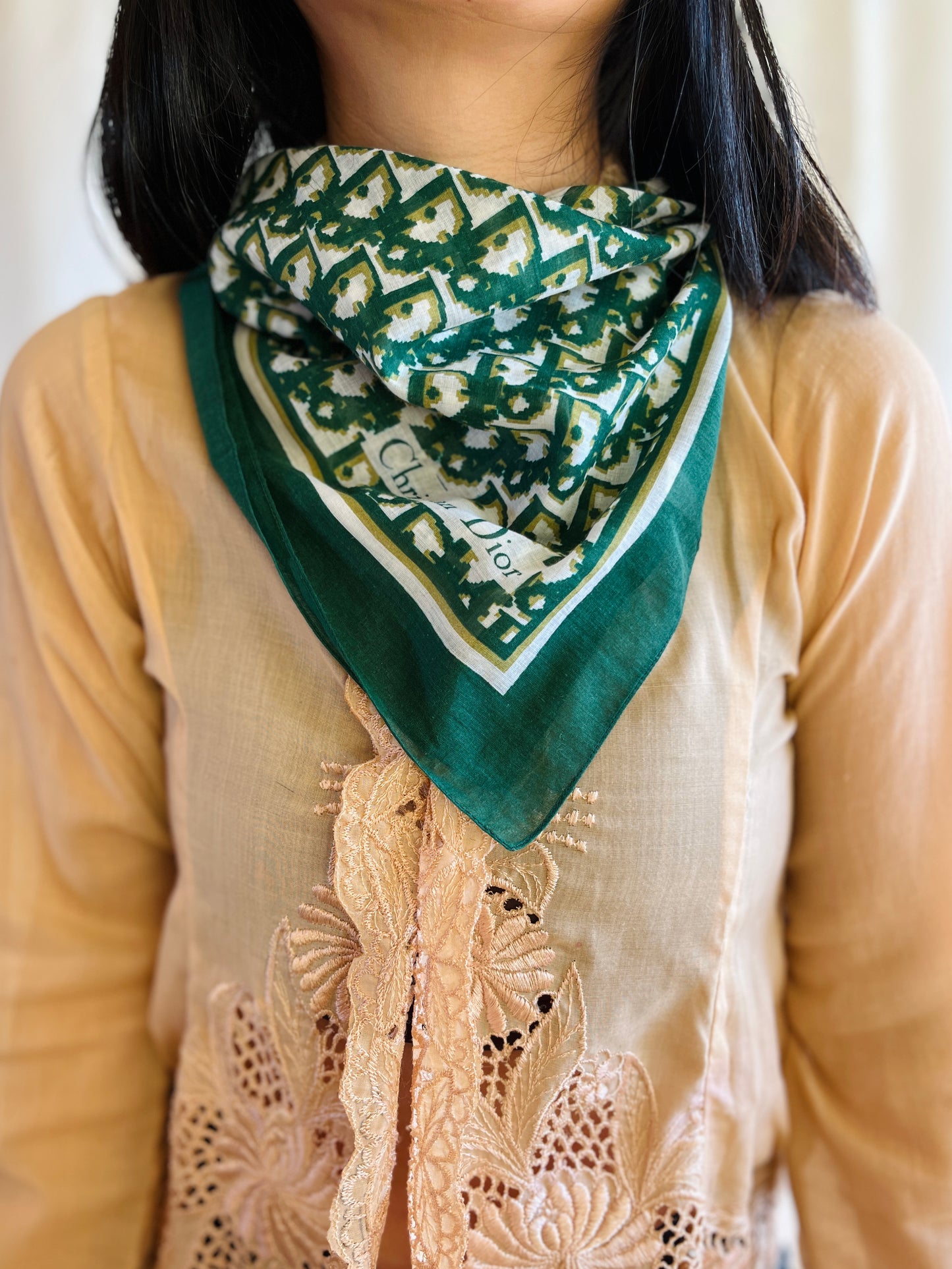 Vintage Christian Dior Monogram Green Cotton Square Scarf