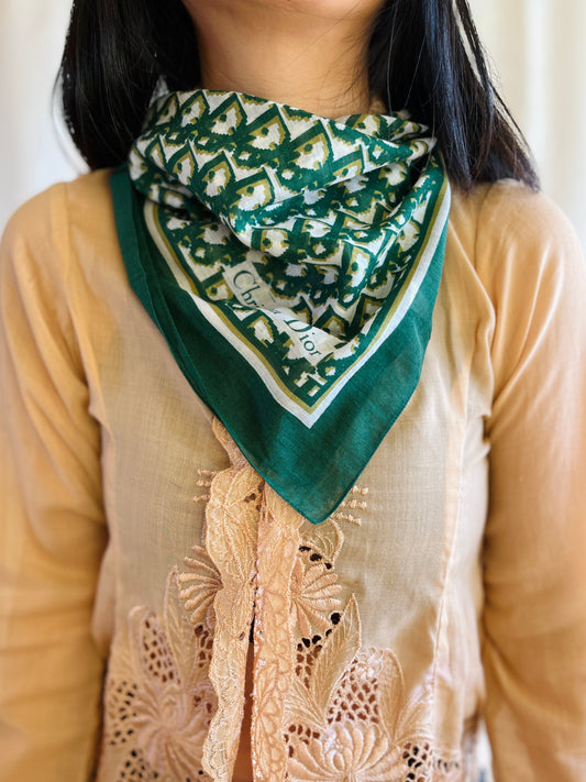 Vintage Christian Dior Monogram Green Cotton Square Scarf