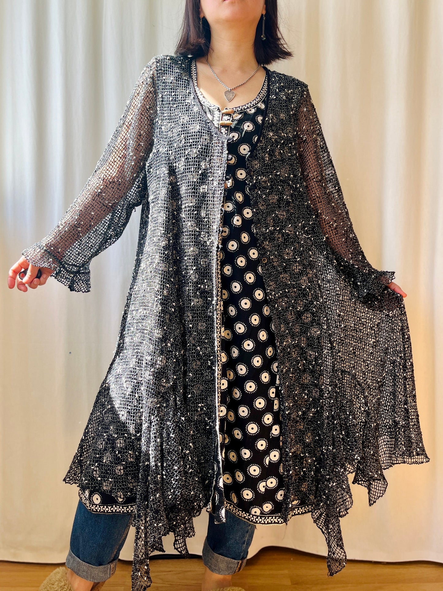 90s Crochet See Through Long Maxi Cardigan Angel Sleeves