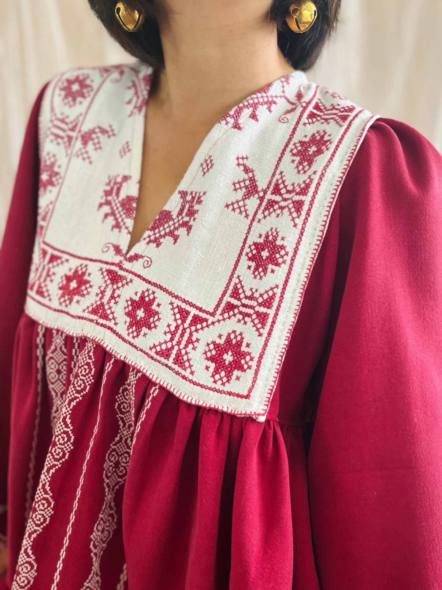 Antique handwoven and embroidered table cloth turns Goddess Dress