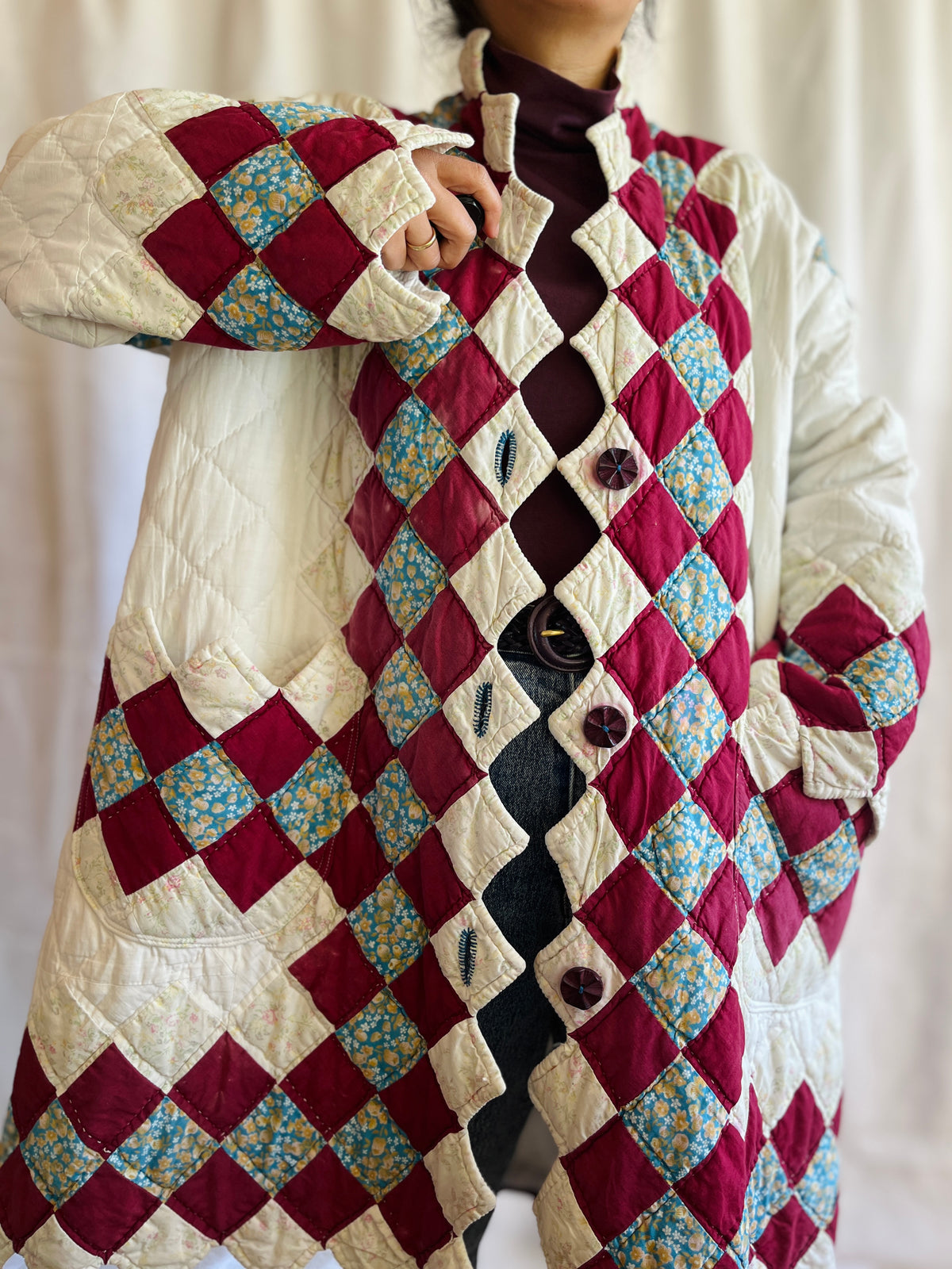 Hand quilted vintage blanket turns Long Coat