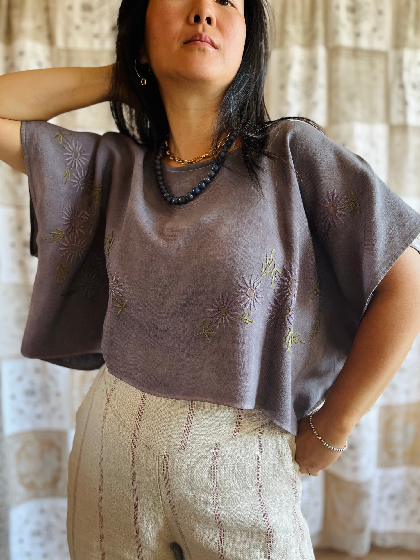 Square circle draped tee - Grey floral