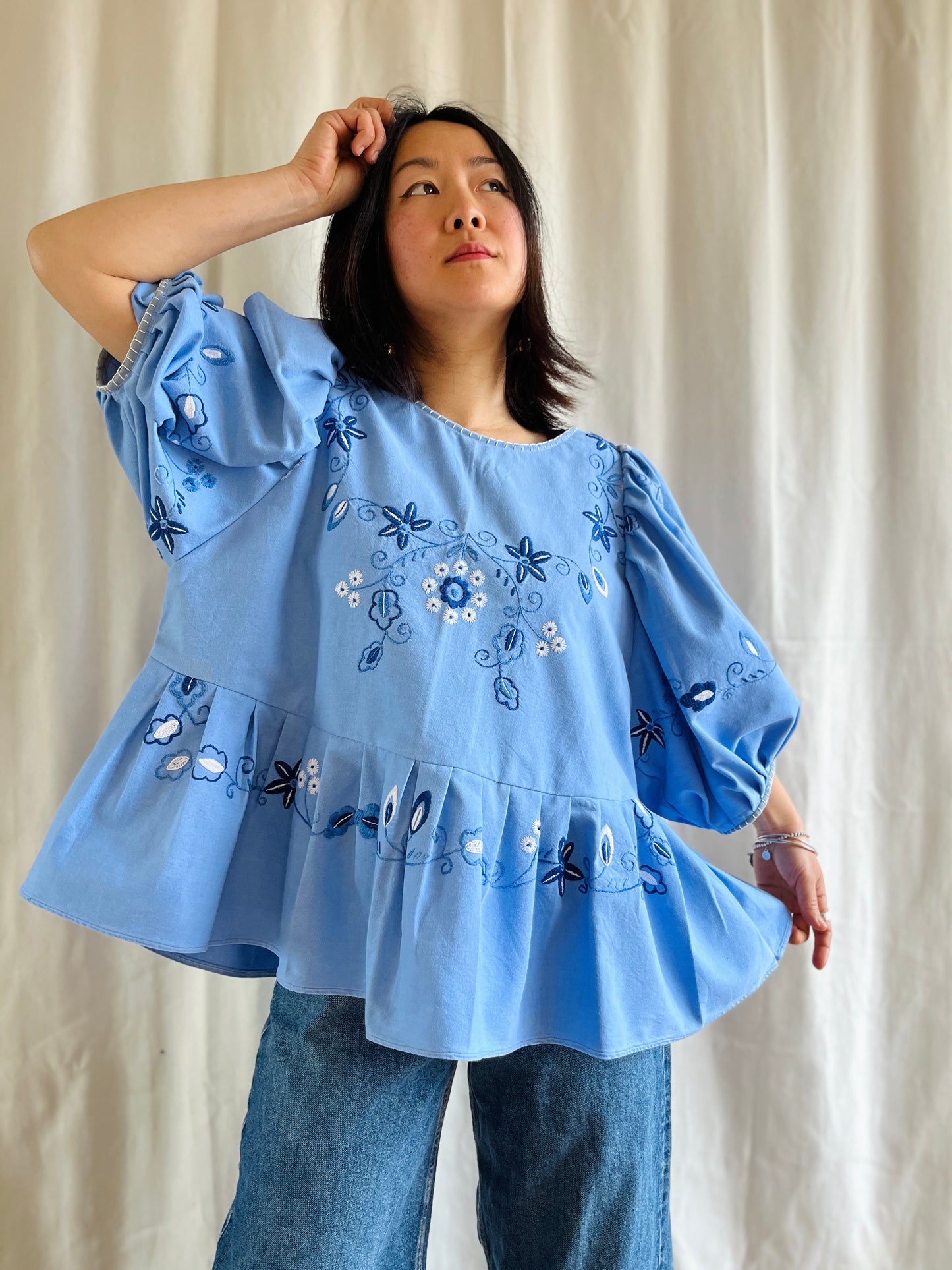 Hand Embroidered Blue Daisy Dolly tunic