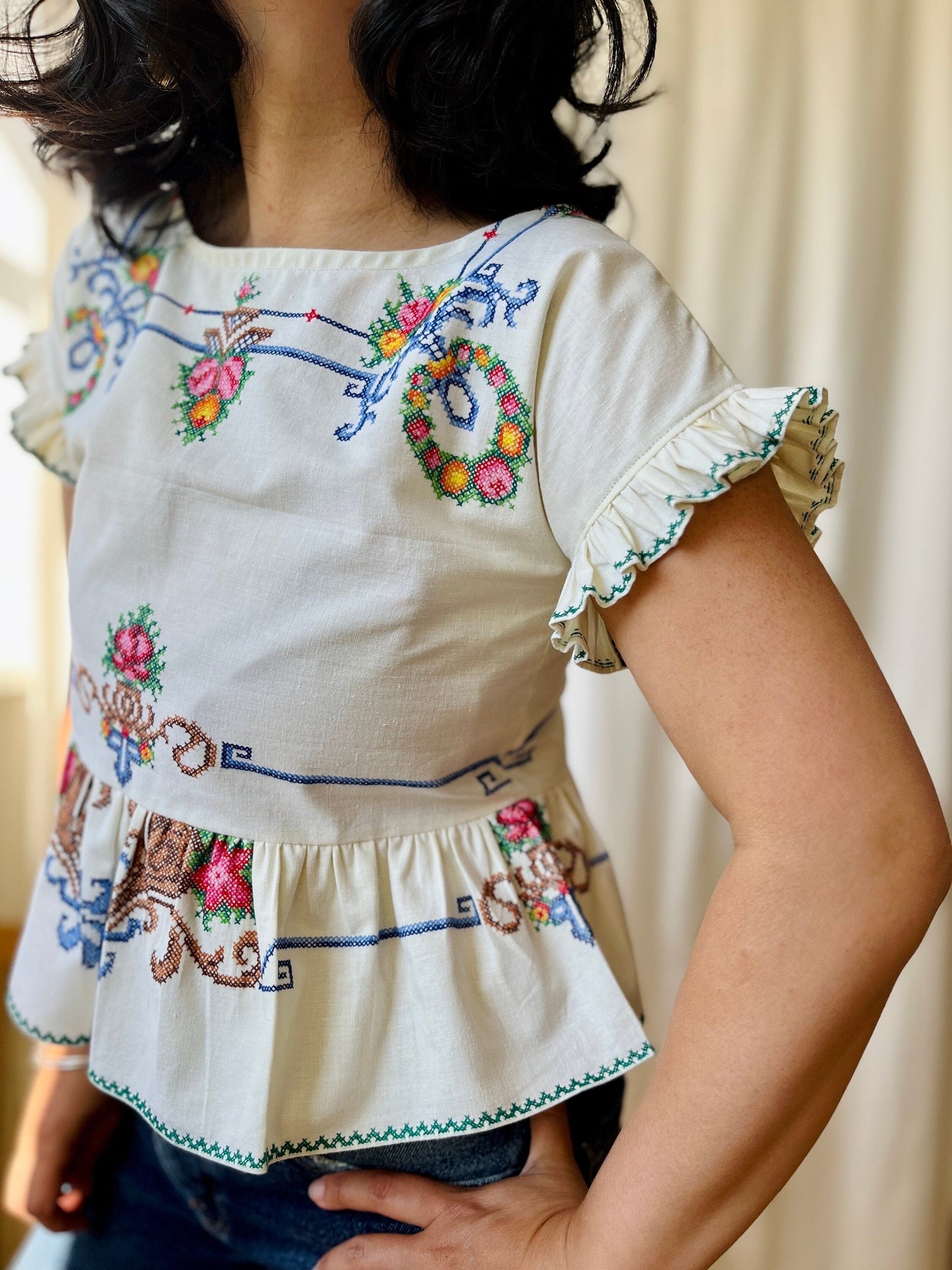 Thursday Blouse (Petite) - Repurpose from vintage hand embroidered table linen