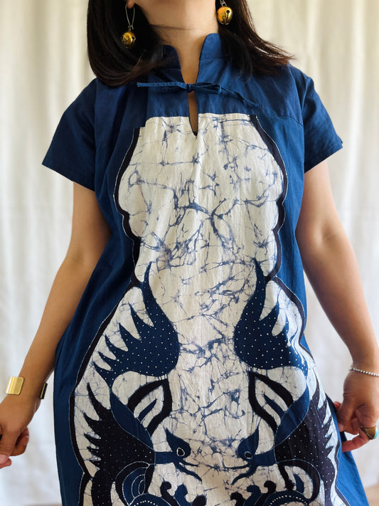 Vintage handmade Tie Dye Party Dress Maxi high neck with ribbons