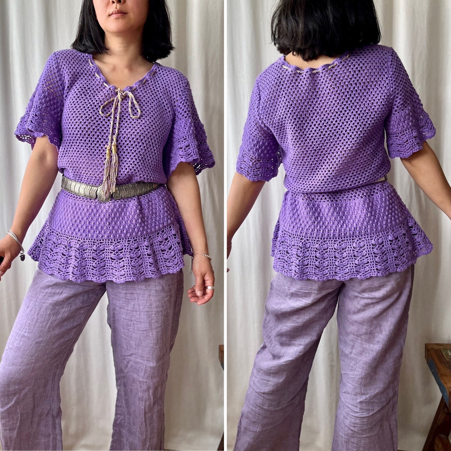 Handmade Vintage Crochet romantic lilac pullover with bell sleeves