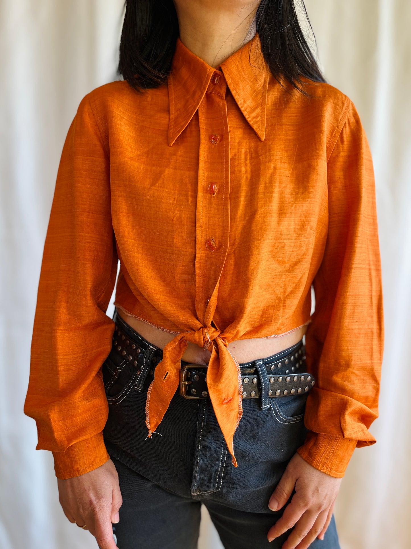 70s Pointy Collar copper metallic orange festive cropped shirt