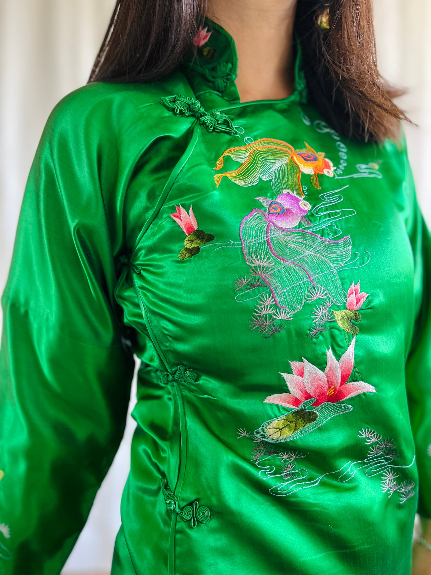 Vintage 60s Handwork Chinese Satin Cheongsam Qipao with Gold fish hand embroidery