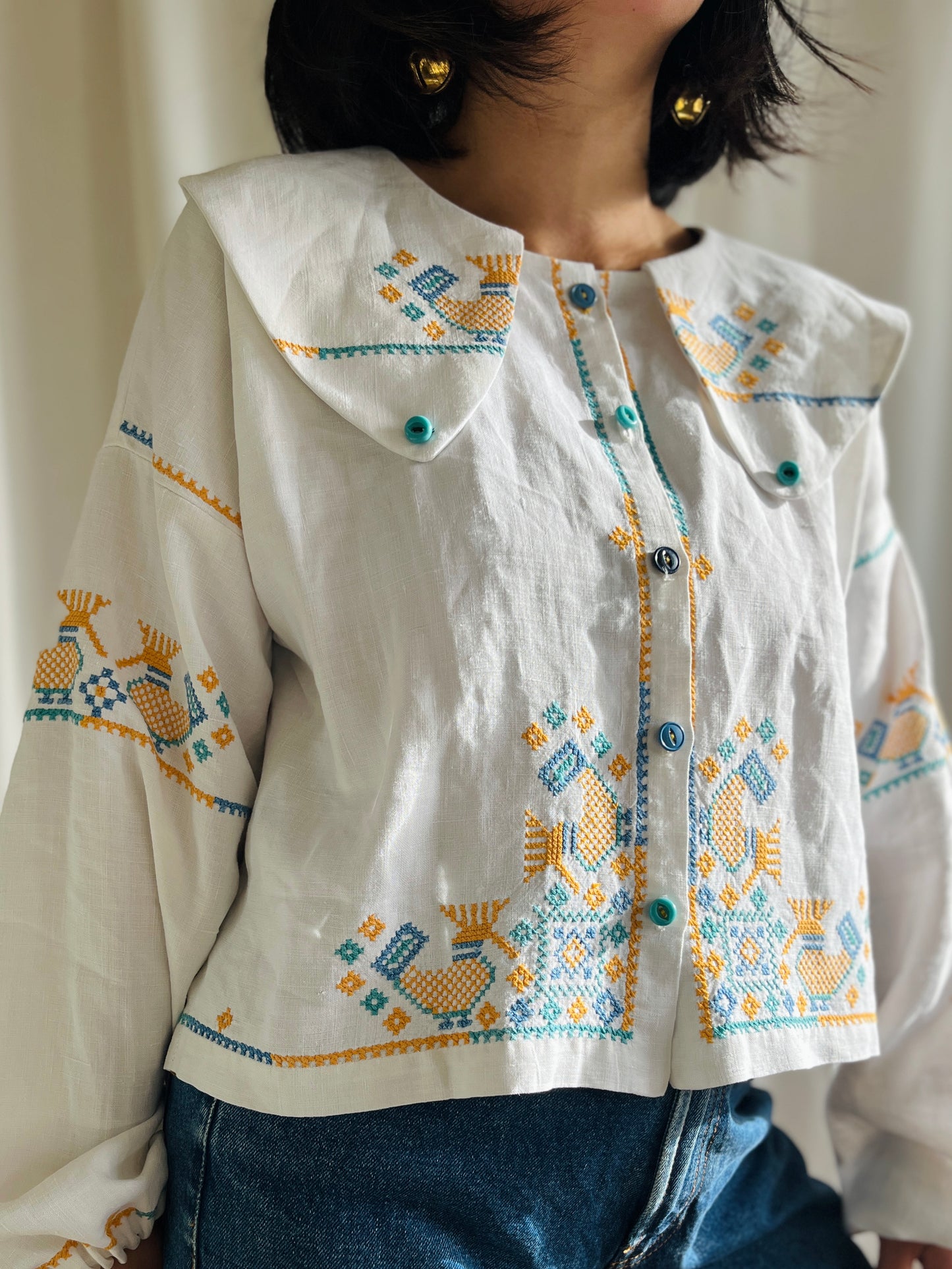 🎴 Love birds linen big collar blouse
