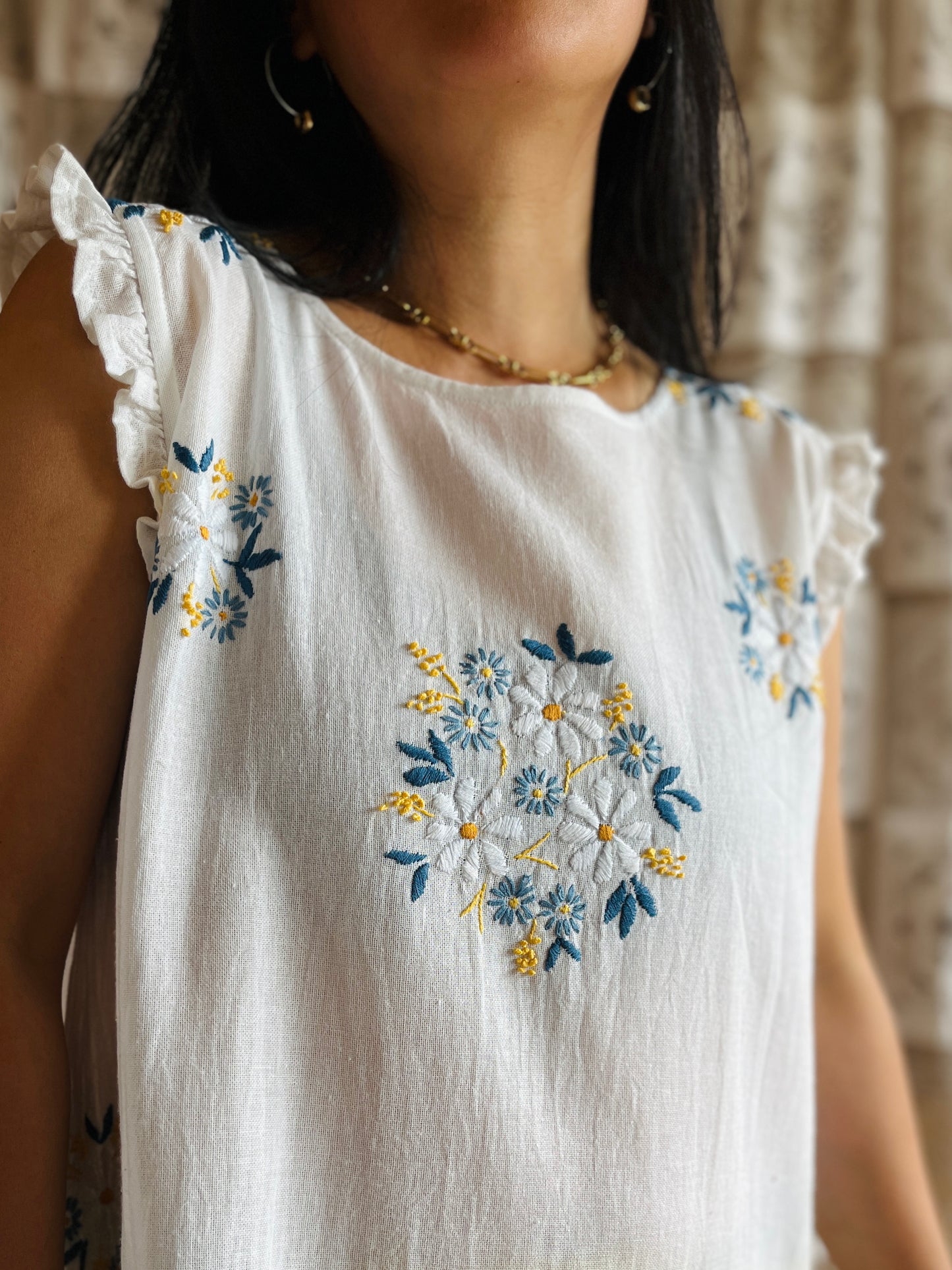 Hand dye cheesecloth scalloped gathered dress