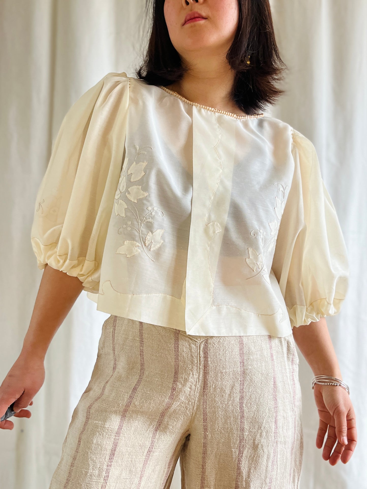 Repurpose See through Appliqué tablecloth turns Dolly Blouse