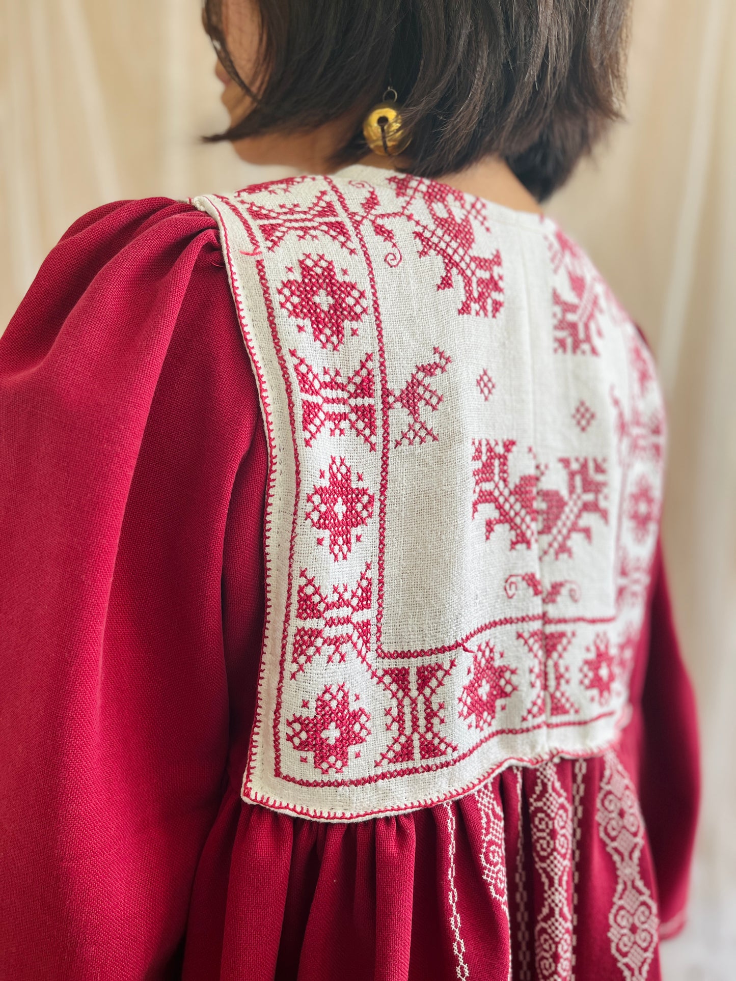 Antique handwoven and embroidered table cloth turns Goddess Dress