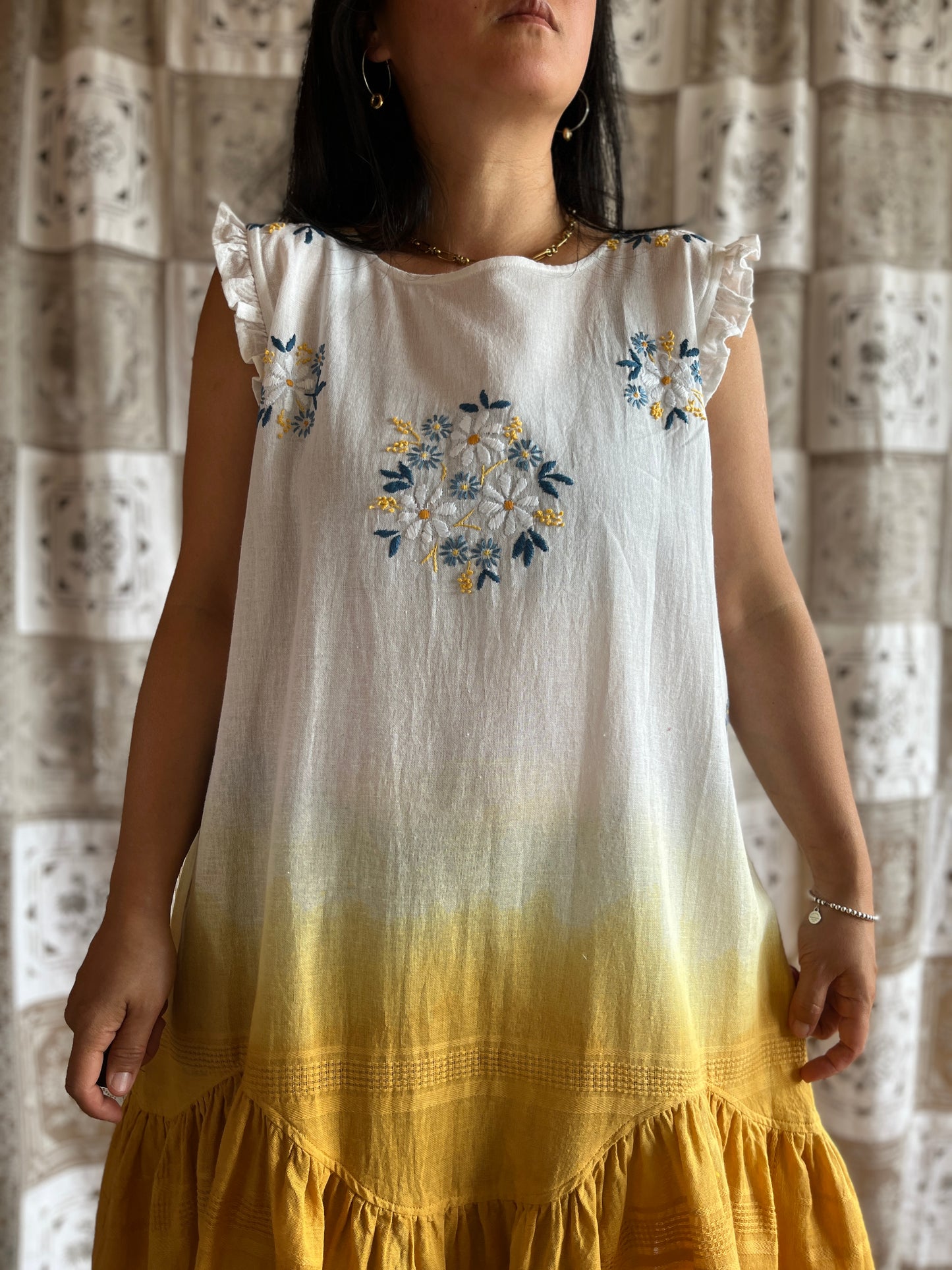 Hand dye cheesecloth scalloped gathered dress