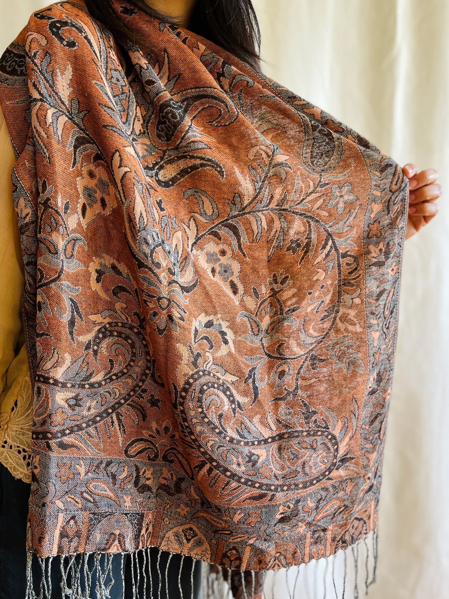 Rustic Reversible Bronze and peach orange Indian Woven Shawl