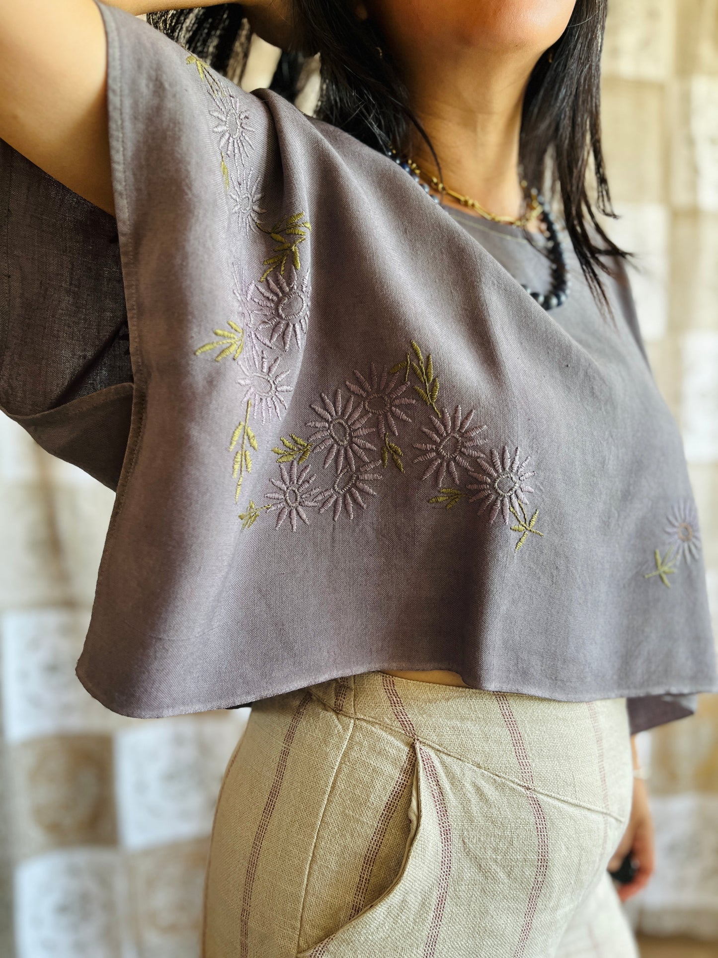 Square circle draped tee - Grey floral