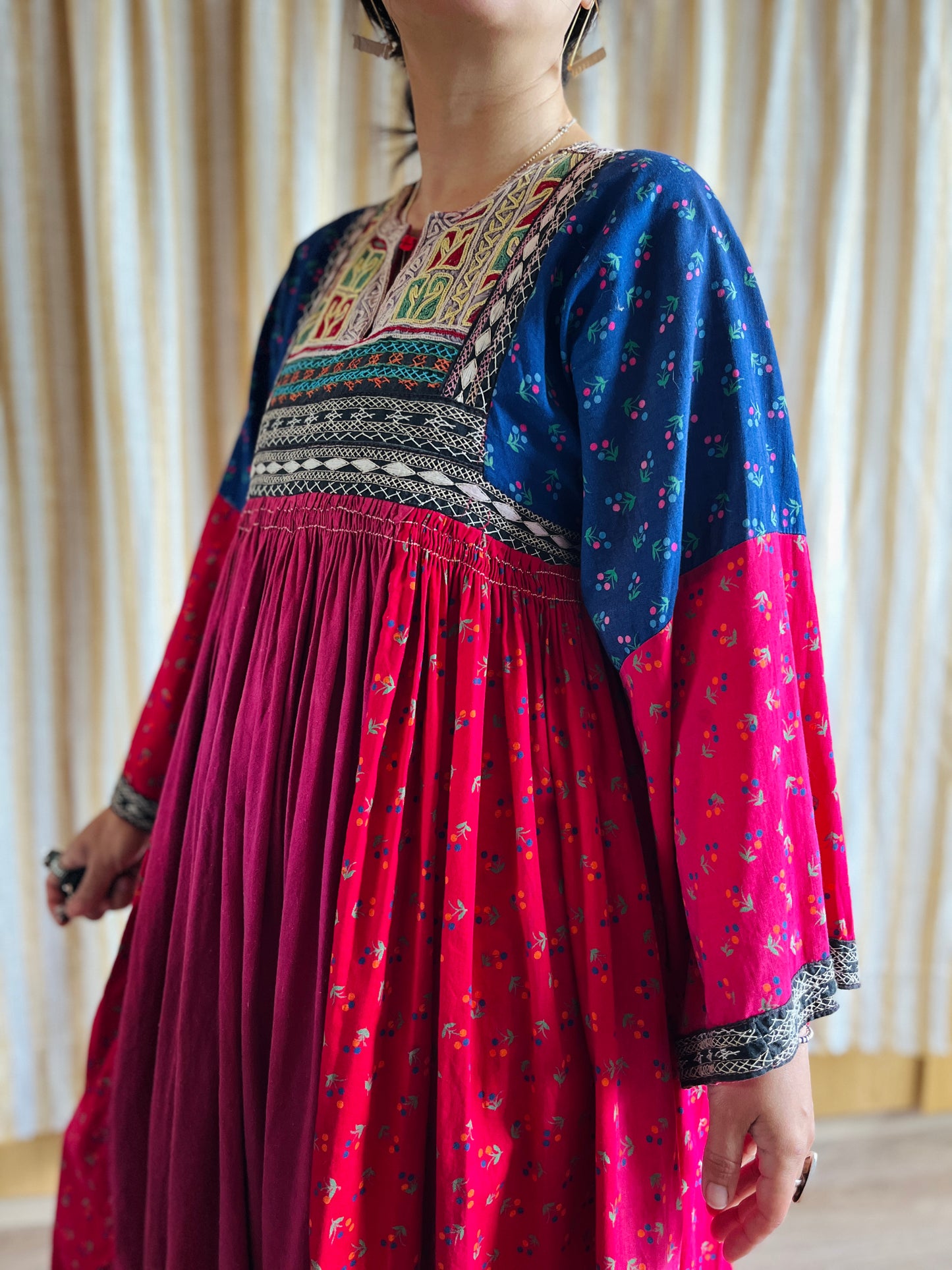 Afghan folk dress Smocking hand embroidery maxi dress