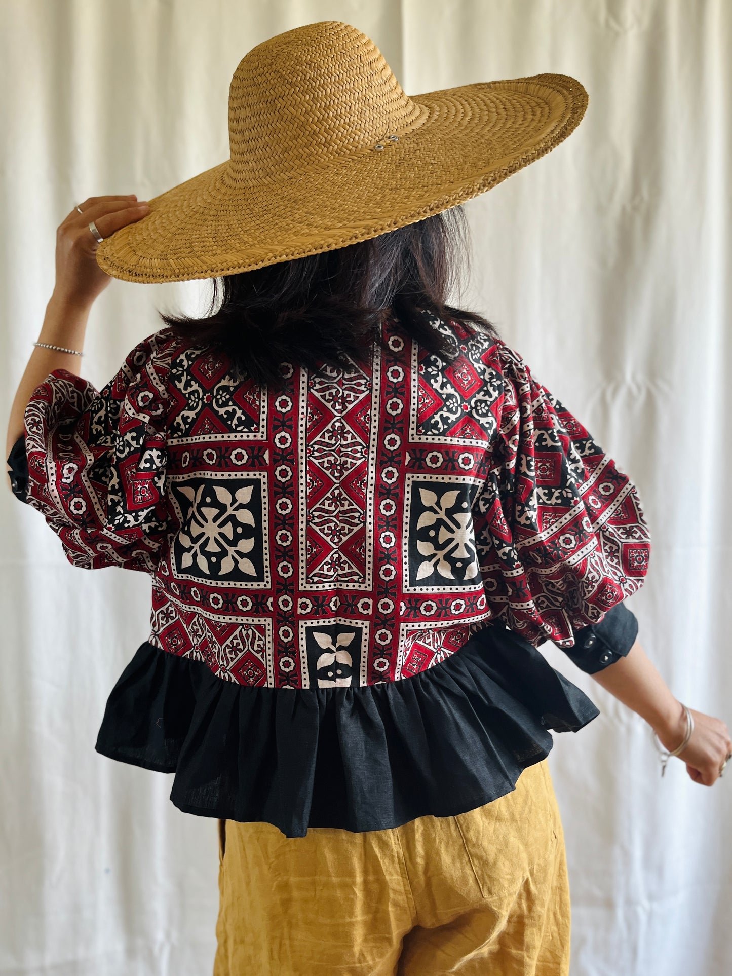 Silky Block Print Air Balloon Sleeve Tunic