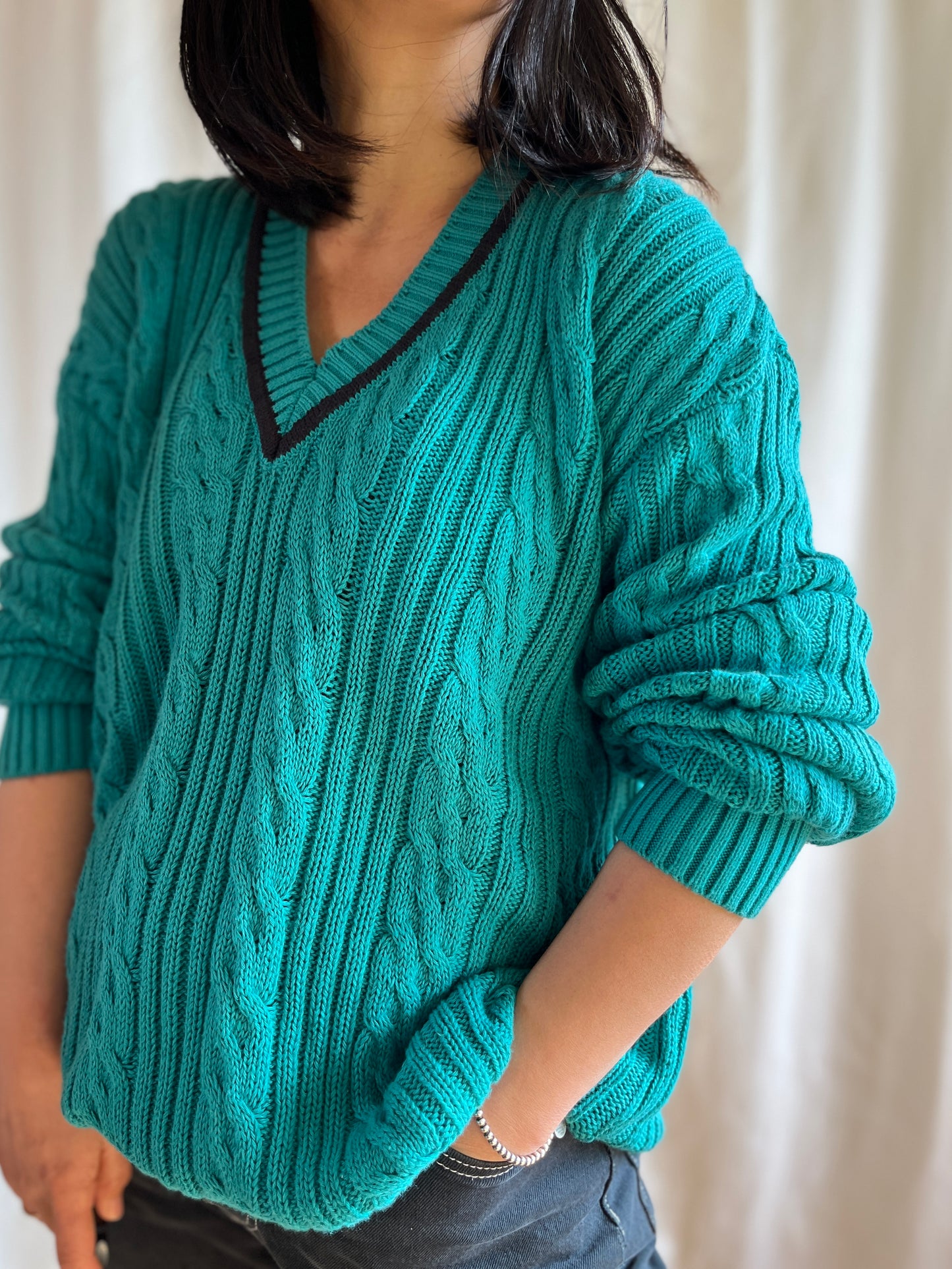 Vneck Cotton cable knit boyfriend jumper in turquoise blue