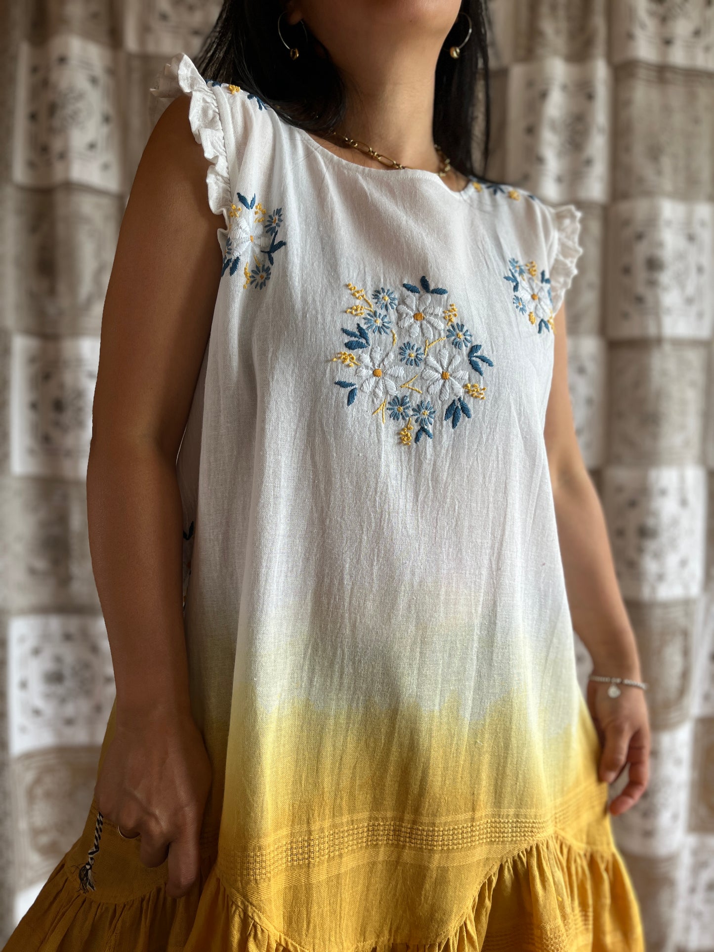 Hand dye cheesecloth scalloped gathered dress