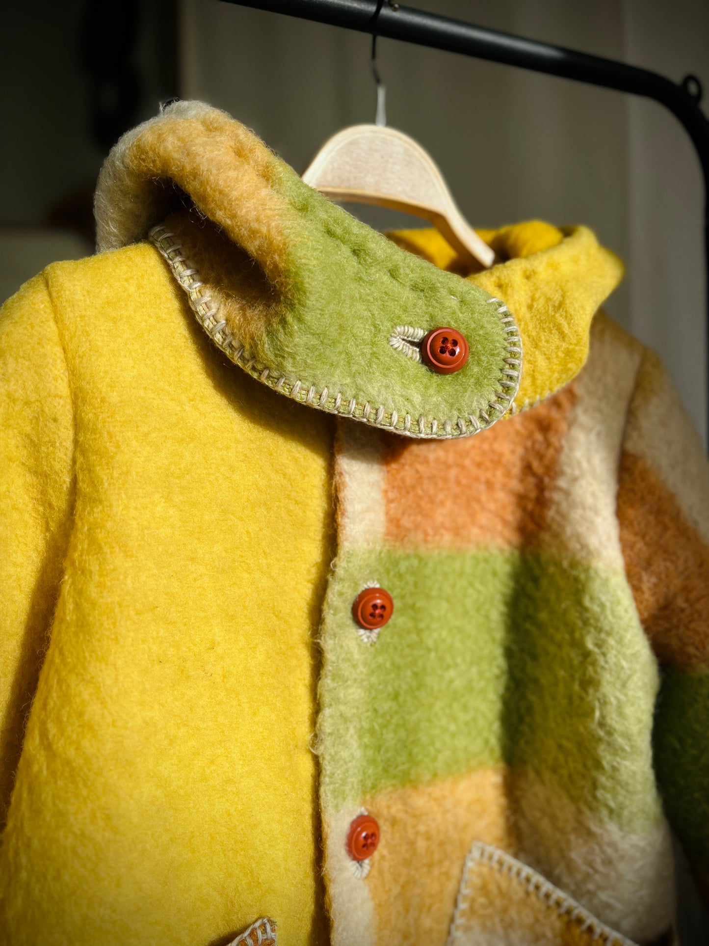 Repurpose thick wool blanket turns cosy winter coat with detachable Hoodie