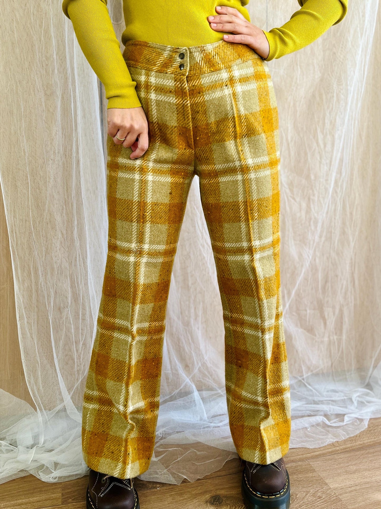 Vintage 70s Wide Legs High Waist Plaid Checker Wool Tailored Trousers