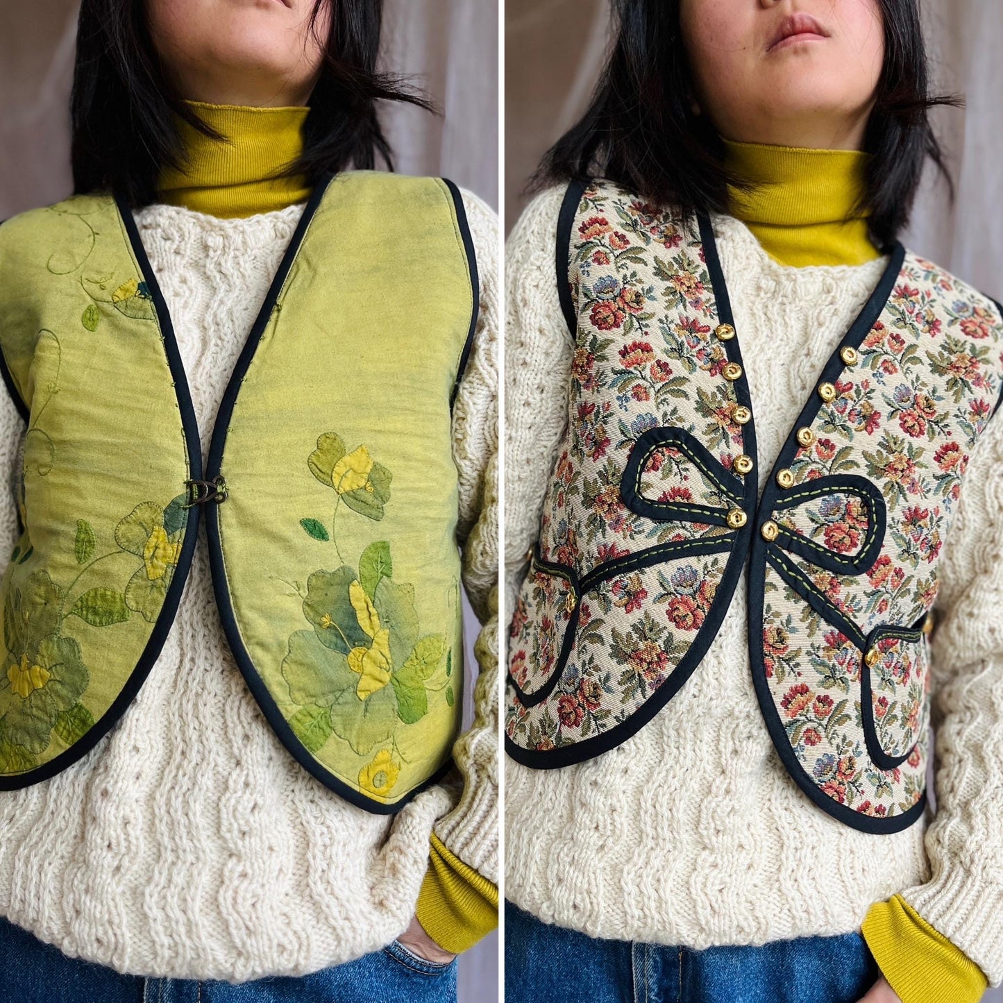 Double sided Sweater Gilet made from Vintage tapestry and Appliqué tablecloth