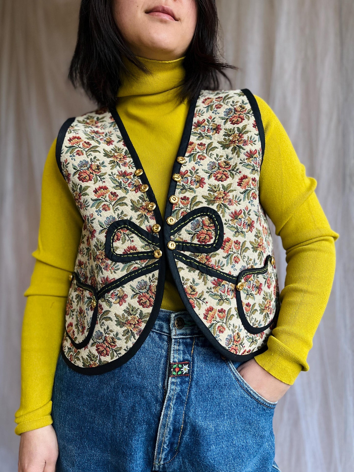 Double sided Sweater Gilet made from Vintage tapestry and Appliqué tablecloth