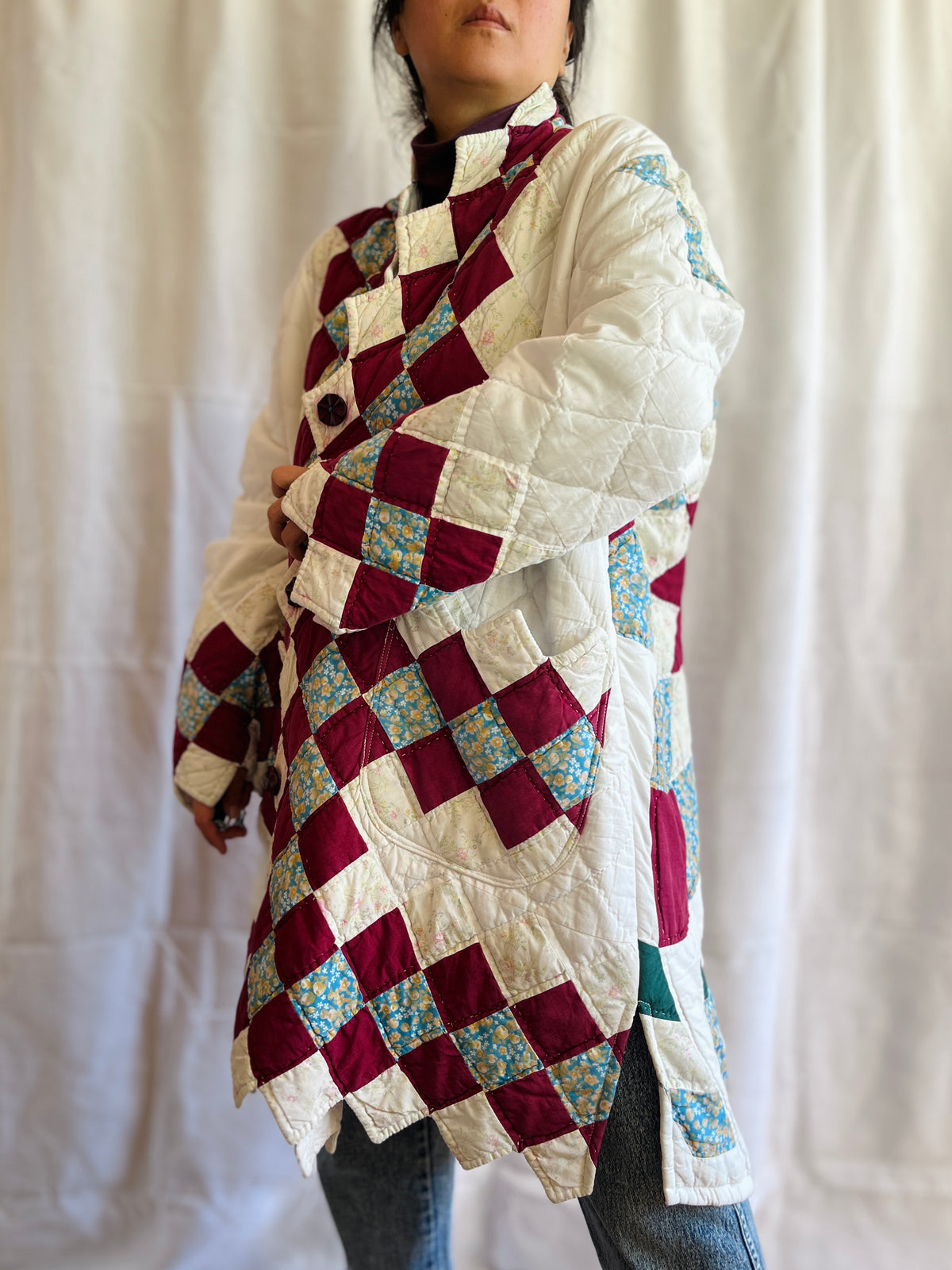 Hand quilted vintage blanket turns Long Coat