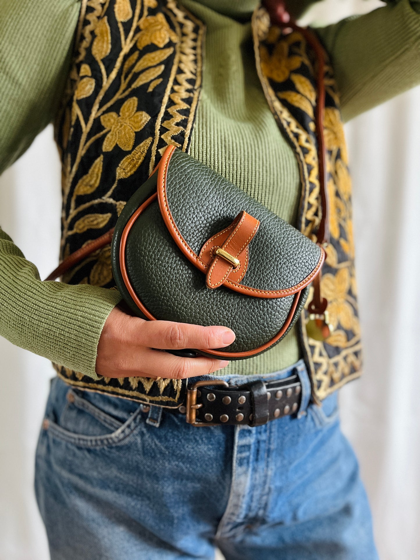 1990s Forest Green British Tan Mini Flap Bag