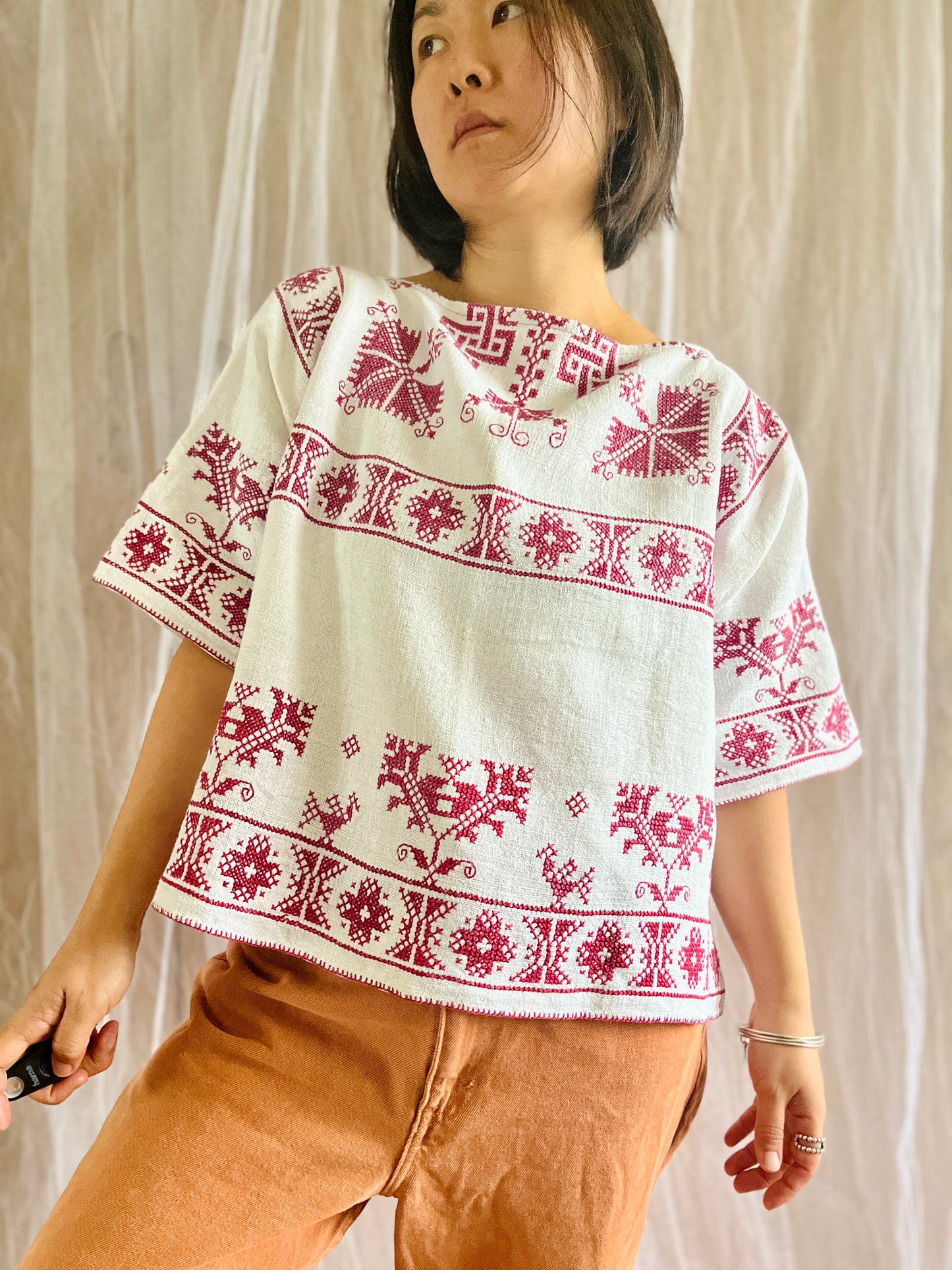 Antique Cross Stitches Embroidered table linen turns boxy cropped tee