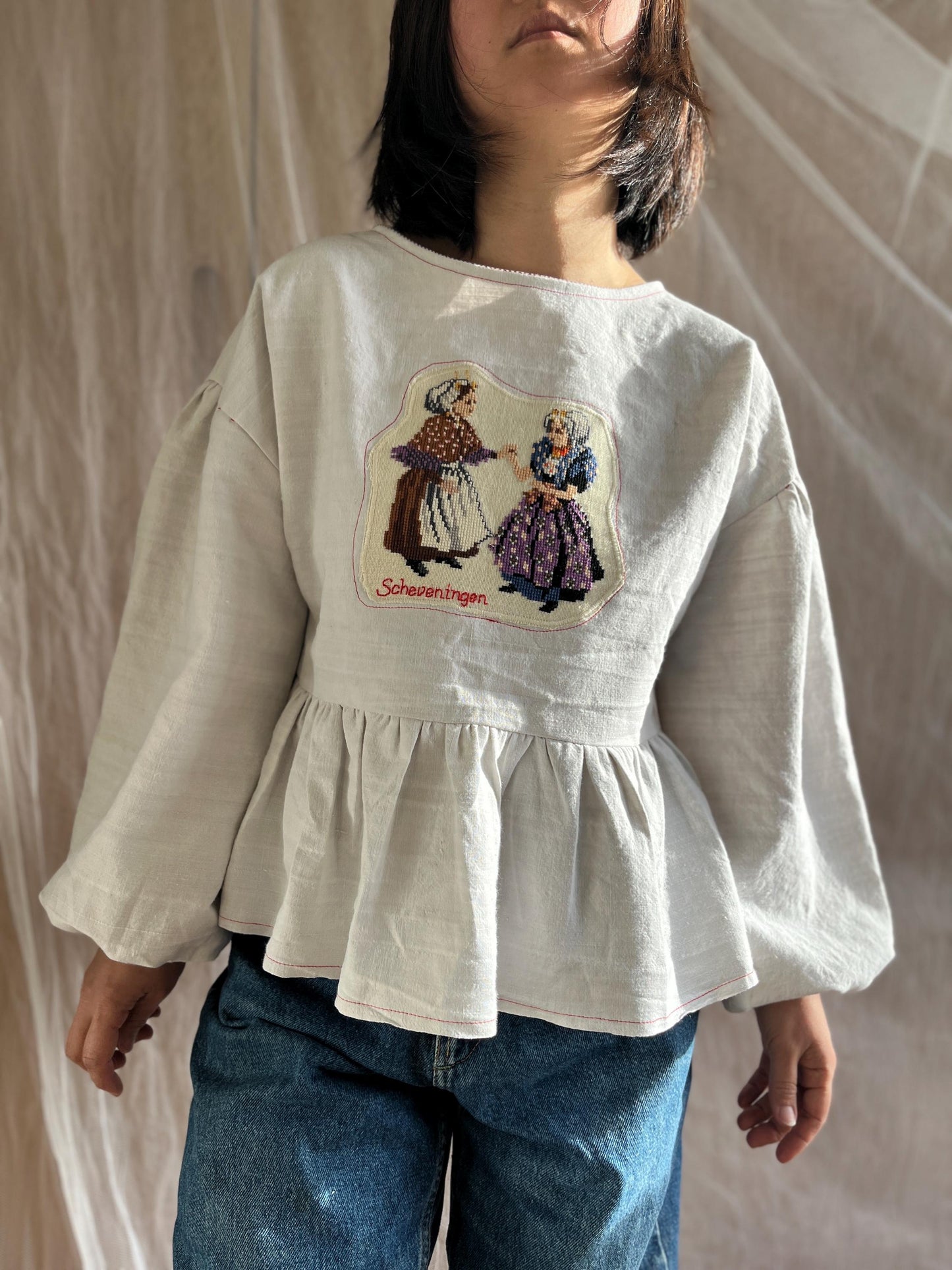 Antique hand embroidered Cross stitches art Scheveningen Dolly Blouse