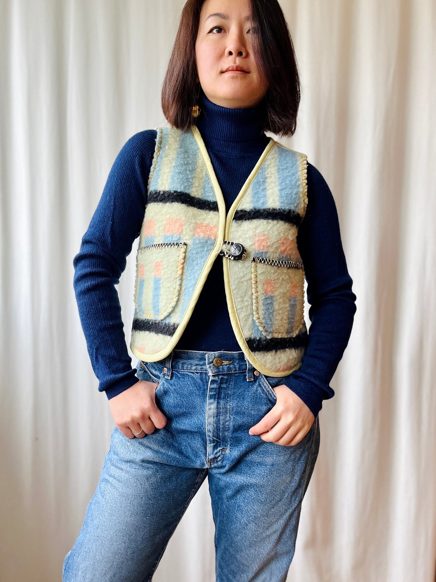 Repurposed Thick Boiled wool blanket turns Huggy Gilet