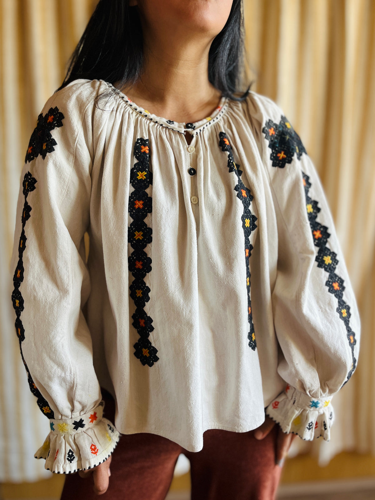 Antique 1930s Romanian Embroidered Folk Blouse