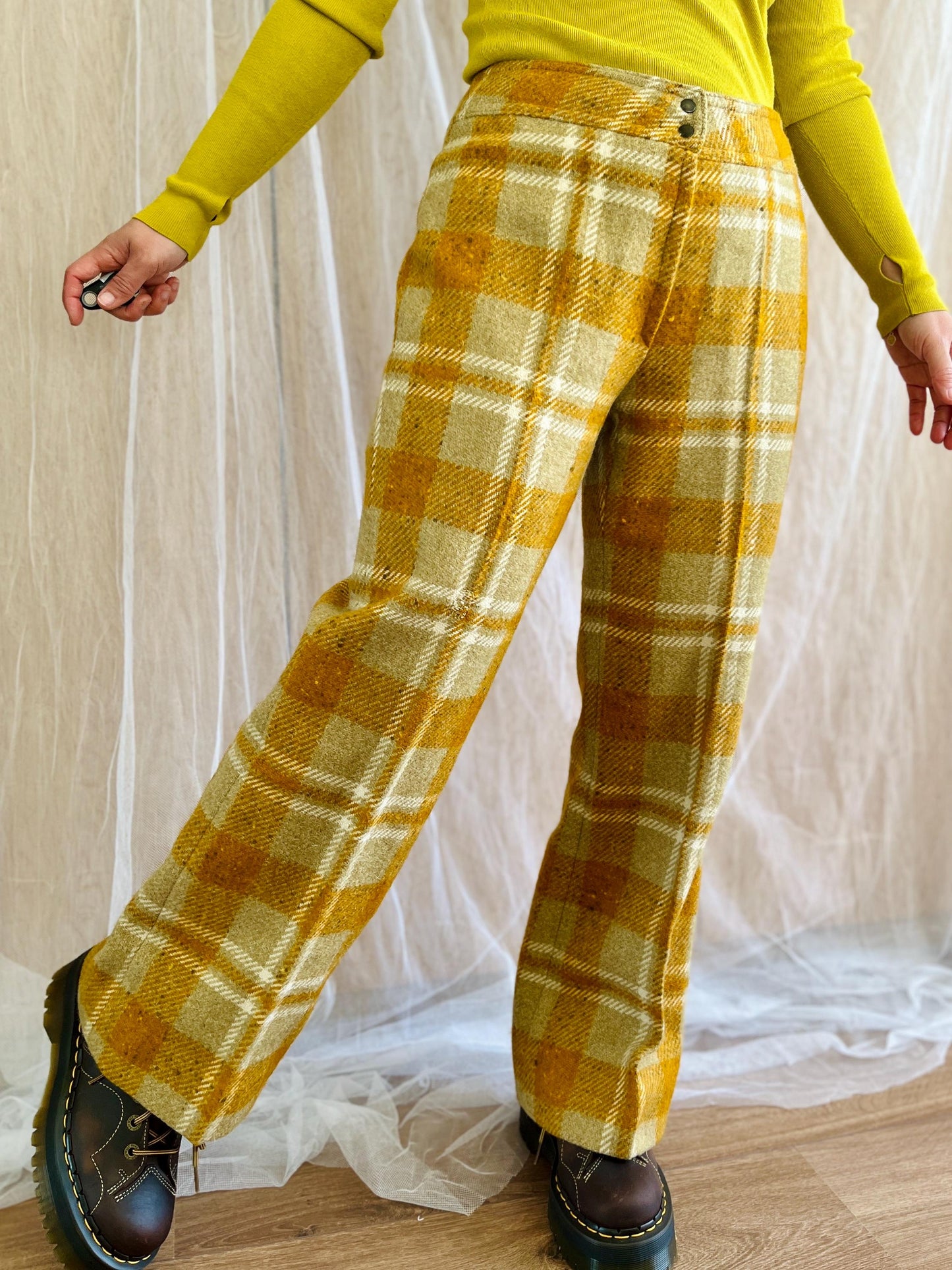 Vintage 70s Wide Legs High Waist Plaid Checker Wool Tailored Trousers