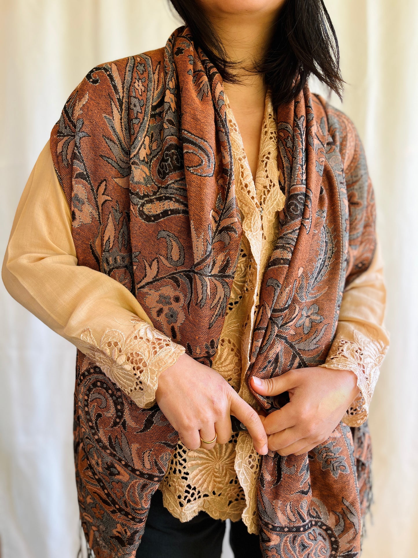Rustic Reversible Bronze and peach orange Indian Woven Shawl