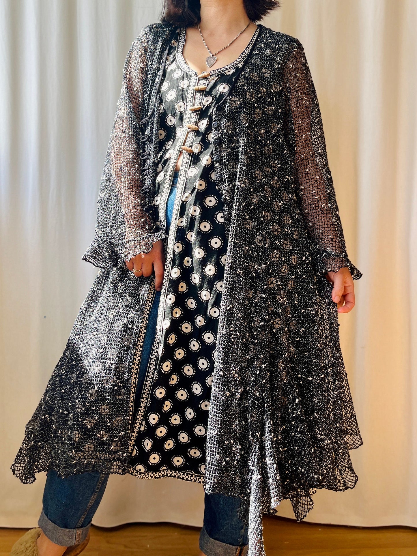 90s Crochet See Through Long Maxi Cardigan Angel Sleeves