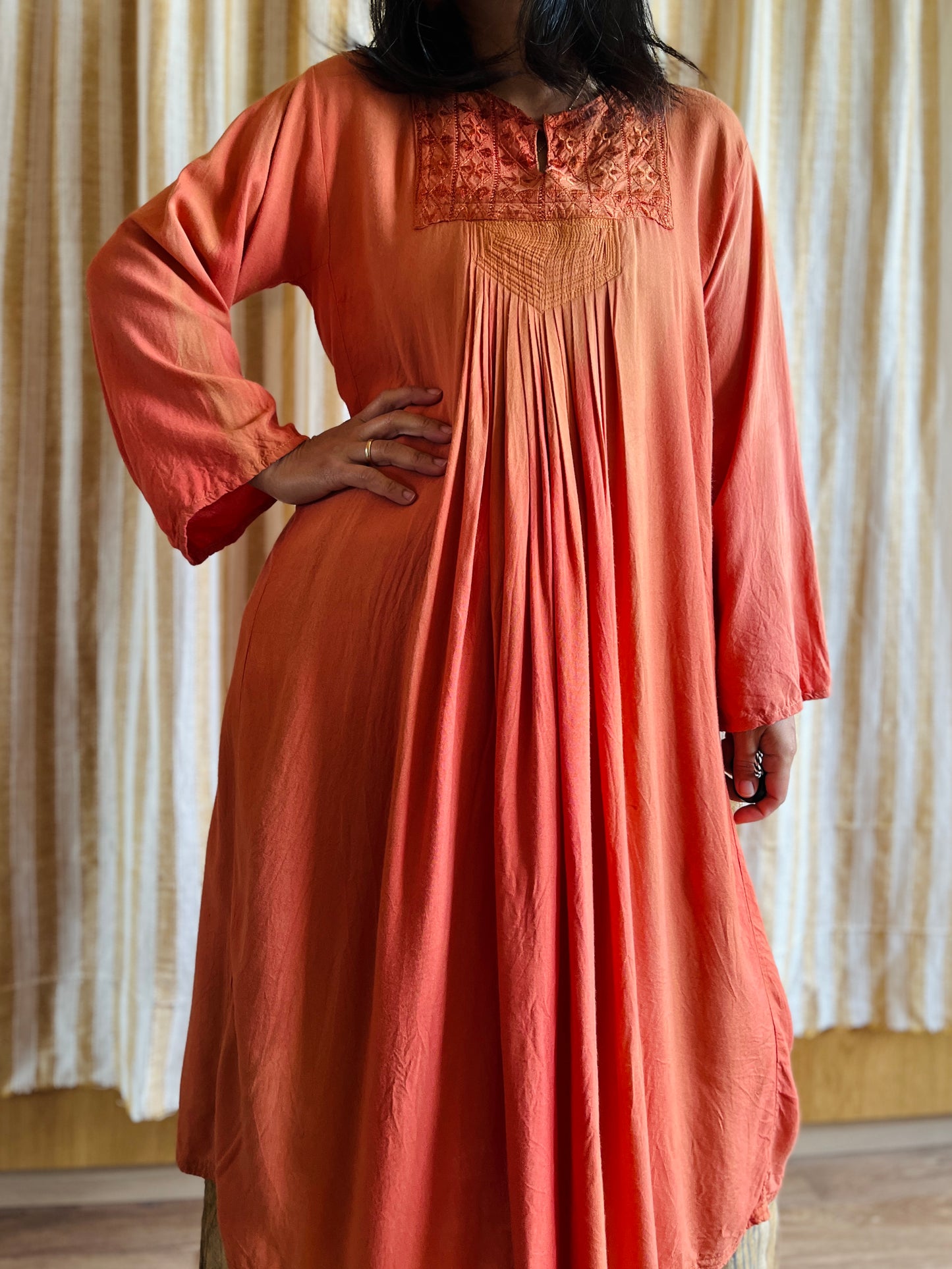 Fading Apricot orange silk embroidered pleated dress