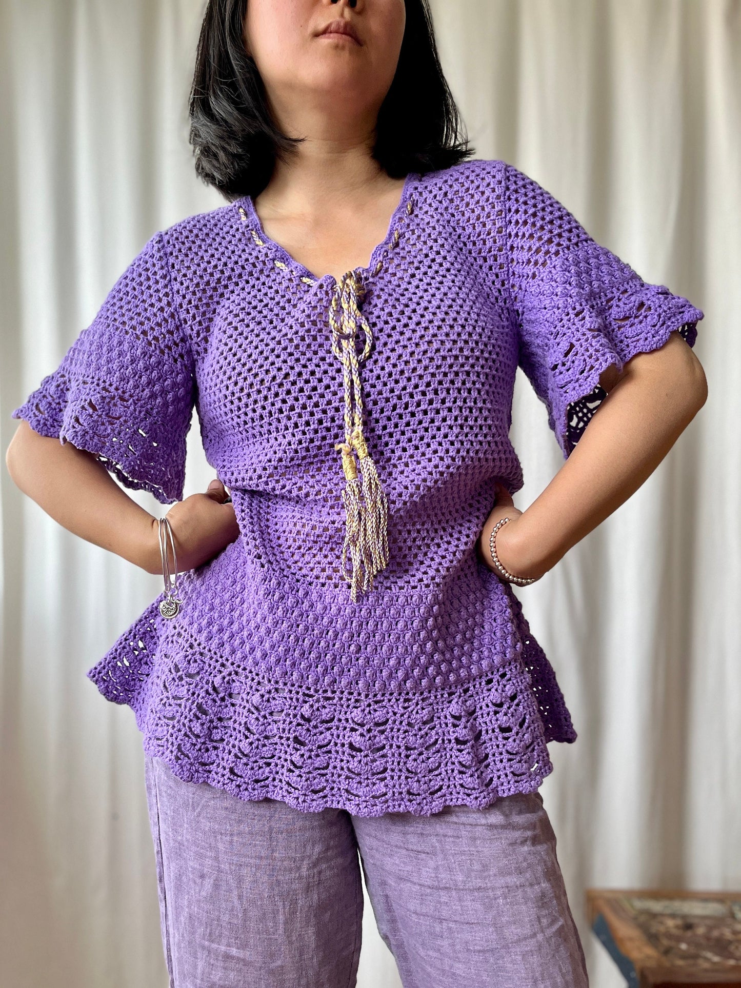 Handmade Vintage Crochet romantic lilac pullover with bell sleeves